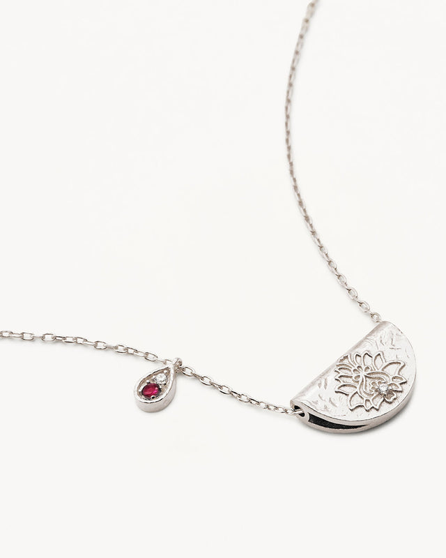 Sterling Silver Lotus Birthstone Necklace - July - Ruby