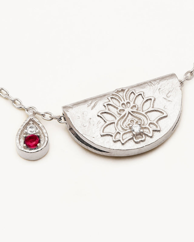 Sterling Silver Lotus Birthstone Necklace - July - Ruby