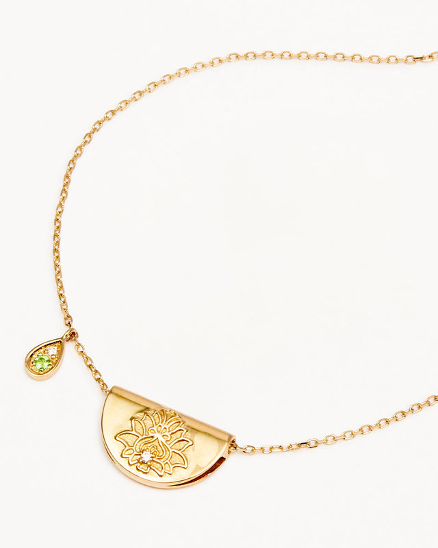 14k Solid Gold Lotus Birthstone Diamond Necklace - August - Peridot