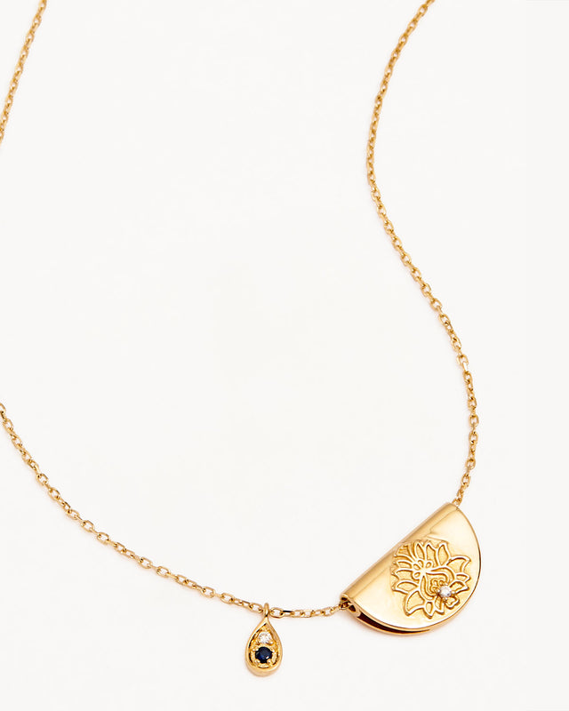 14k Solid Gold Lotus Birthstone Diamond Necklace - September - Sapphire