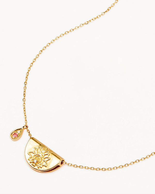 14k Solid Gold Lotus Birthstone Diamond Necklace - October - Pink Tourmaline