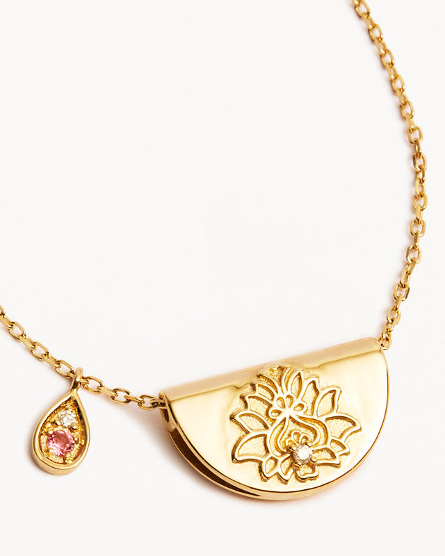 14k Solid Gold Lotus Birthstone Diamond Necklace - October - Pink Tourmaline