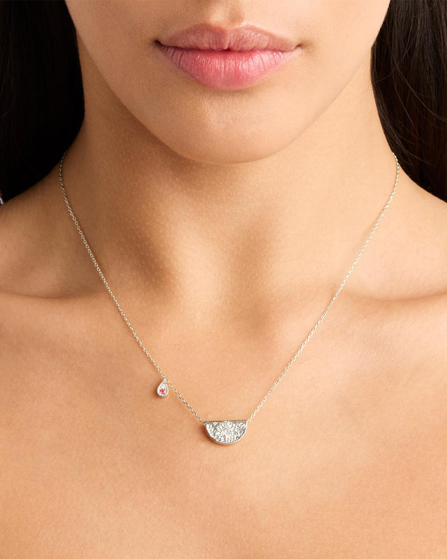 Sterling Silver Lotus Birthstone Necklace - October - Pink Tourmaline
