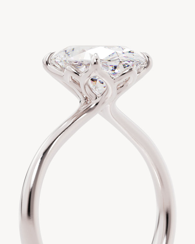 18k Solid White Gold Lotus Solitaire Engagement Ring - Oval 3ct