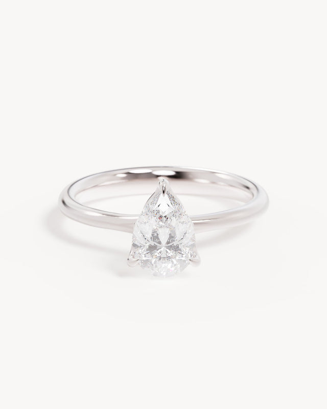18k Solid White Gold Lotus Solitaire Engagement Ring - Pear