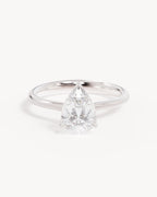 18k Solid White Gold Lotus Solitaire Engagement Ring - Pear 1.5ct