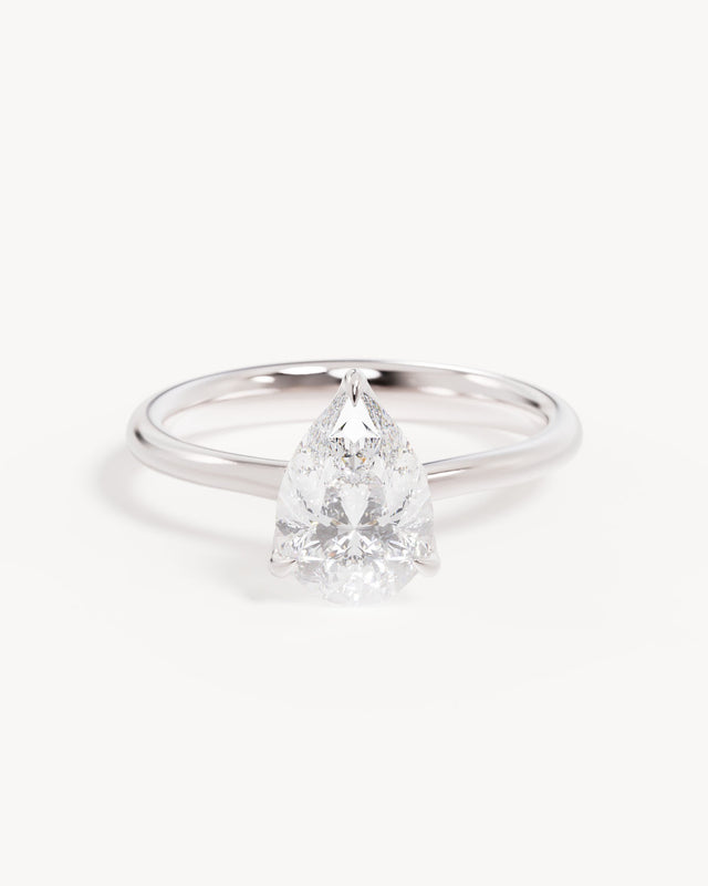 18k Solid White Gold Lotus Solitaire Engagement Ring - Pear 1.5ct