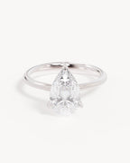 18k Solid White Gold Lotus Solitaire Engagement Ring - Pear 2ct