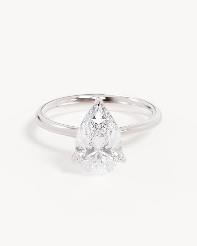 18k Solid White Gold Lotus Solitaire Engagement Ring - Pear 2ct