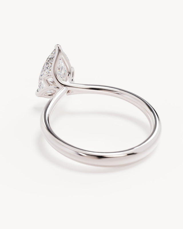 18k Solid White Gold Lotus Solitaire Engagement Ring - Pear 2ct