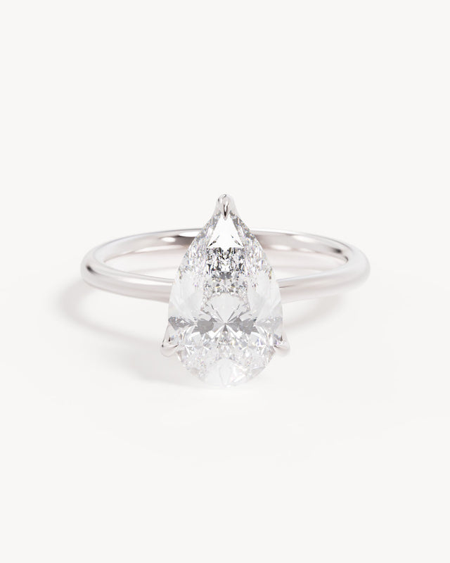 18k Solid White Gold Lotus Solitaire Engagement Ring - Pear 2.5ct