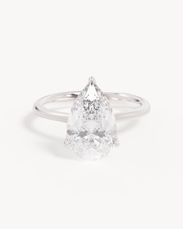 18k Solid White Gold Lotus Solitaire Engagement Ring - Pear 3ct