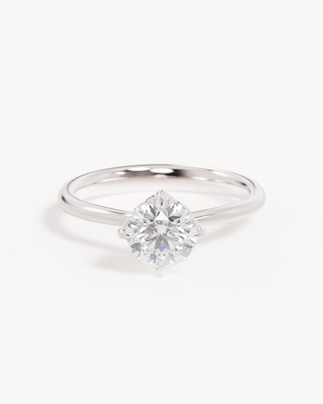 18k Solid White Gold Lotus Solitaire Engagement Ring - Round