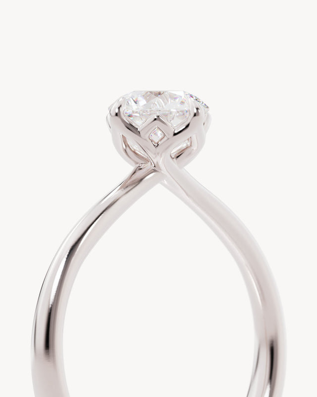 18k Solid White Gold Lotus Solitaire Engagement Ring - Round