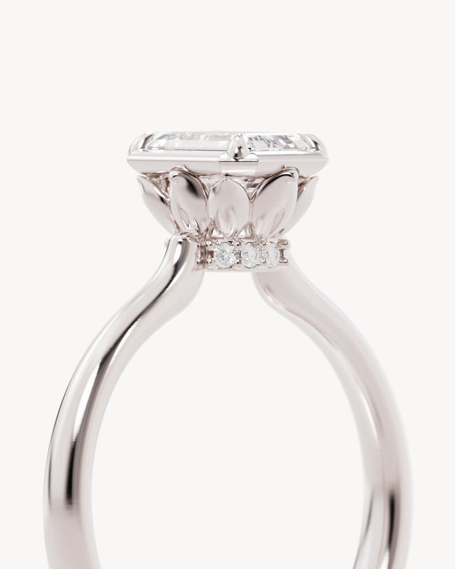 18k Solid White Gold Hidden Lotus Engagement Ring - Emerald