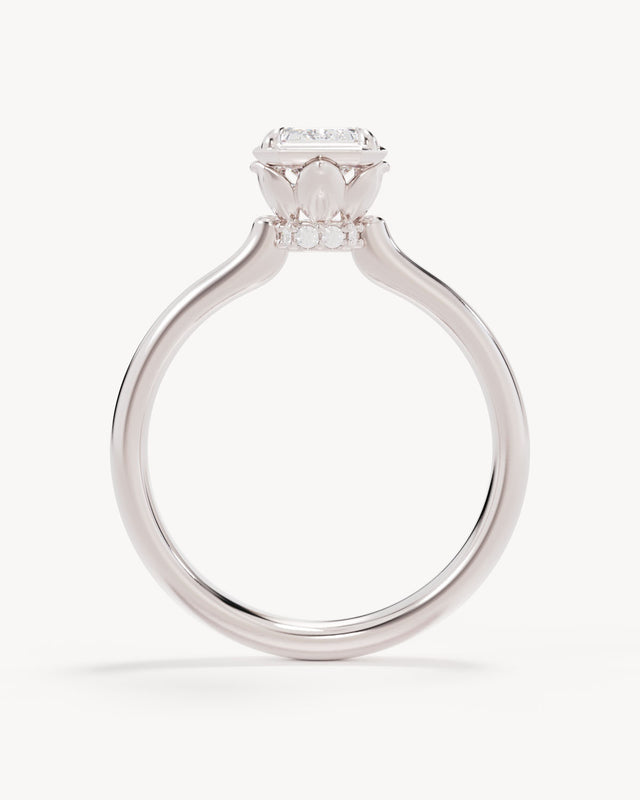 18k Solid White Gold Hidden Lotus Engagement Ring - Emerald