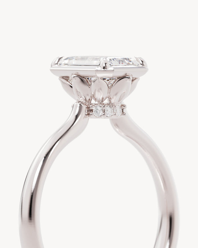18k Solid White Gold Hidden Lotus Engagement Ring - Emerald 1.5ct