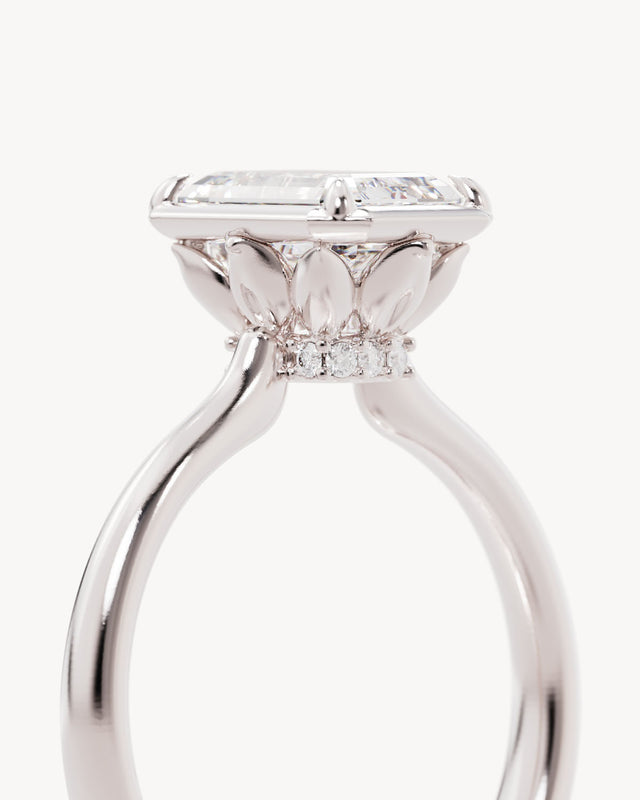 18k Solid White Gold Hidden Lotus Engagement Ring - Emerald 2ct