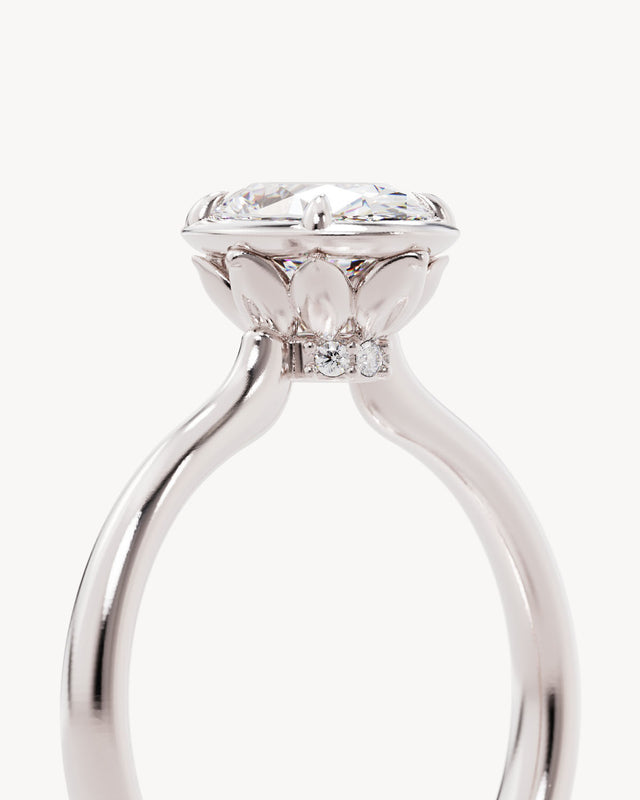 18k Solid White Gold Hidden Lotus Engagement Ring - Oval
