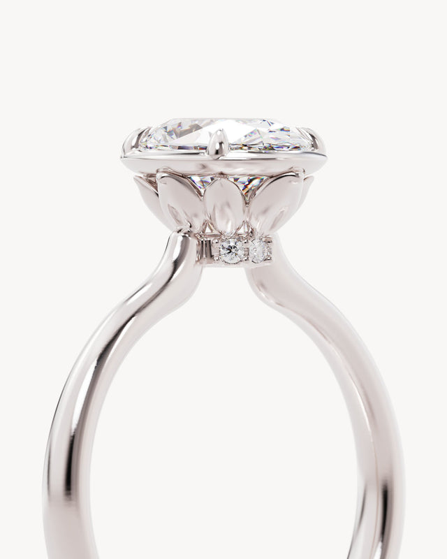 18k Solid White Gold Hidden Lotus Engagement Ring - Oval 1.5ct