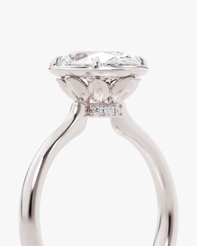 18k Solid White Gold Hidden Lotus Engagement Ring - Oval 2ct