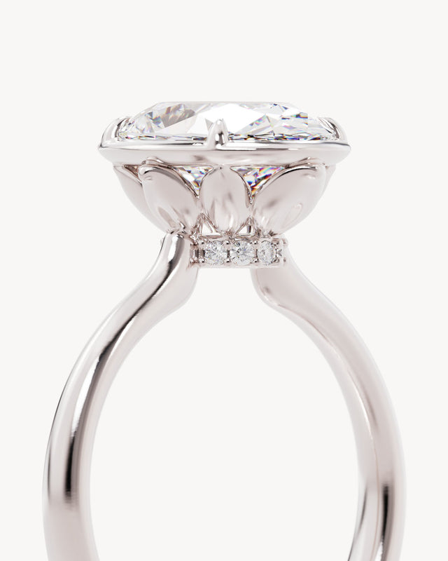 18k Solid White Gold Hidden Lotus Engagement Ring - Oval 3ct