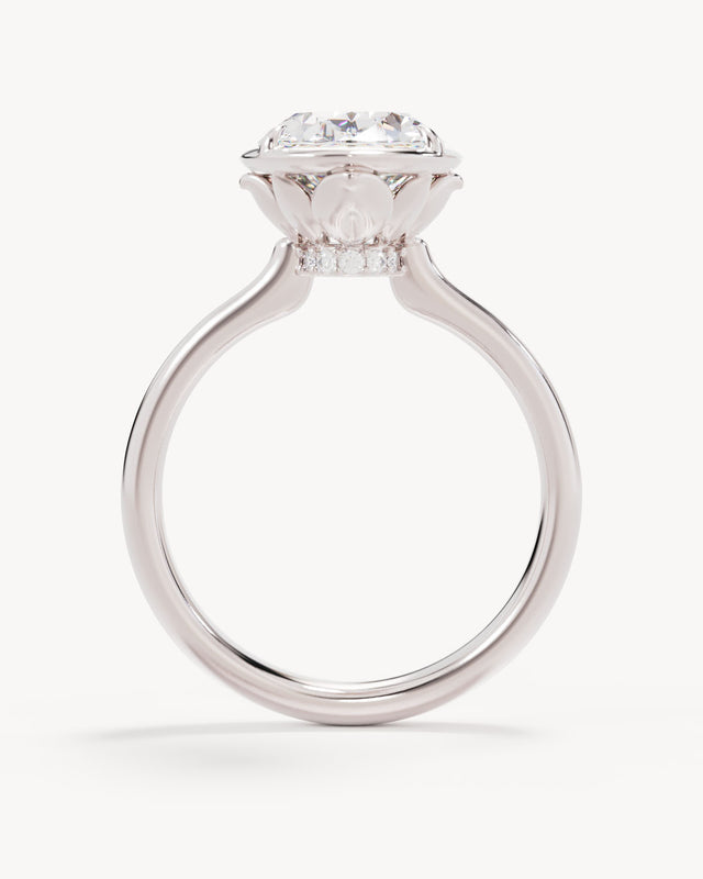 18k Solid White Gold Hidden Lotus Engagement Ring - Oval 3ct