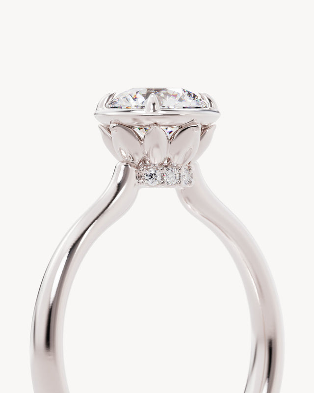 18k Solid White Gold Hidden Lotus Engagement Ring - Round