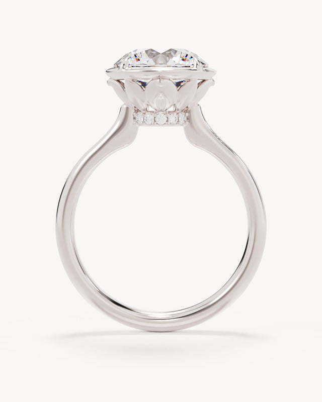 18k Solid White Gold Hidden Lotus Engagement Ring - Round 3ct