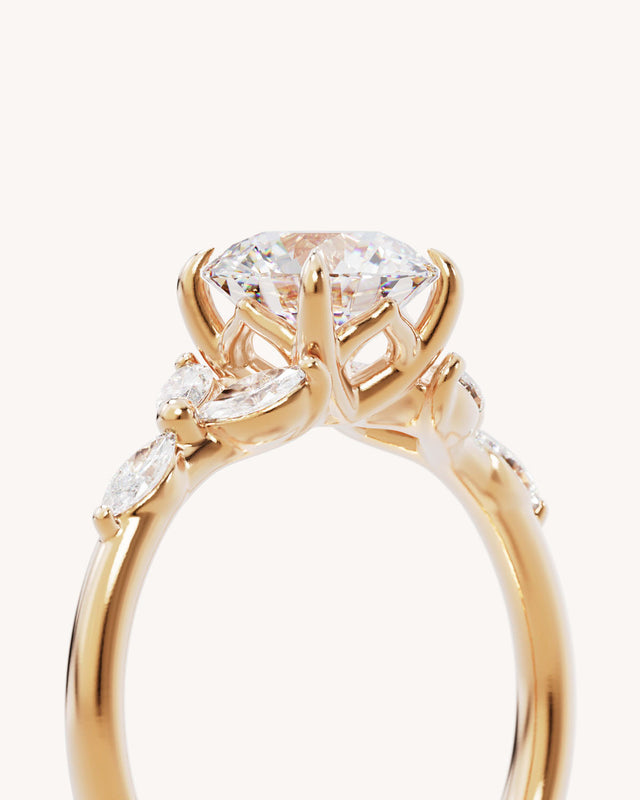 18k Solid Gold Lotus Bloom Engagement Ring - Round 1.5ct