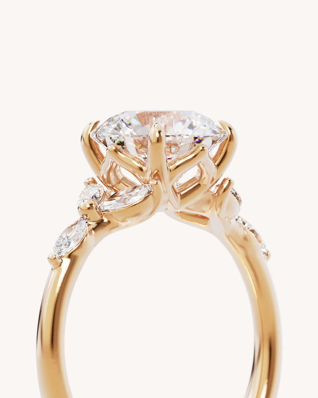 18k Solid Gold Lotus Bloom Engagement Ring - Round 2.5ct
