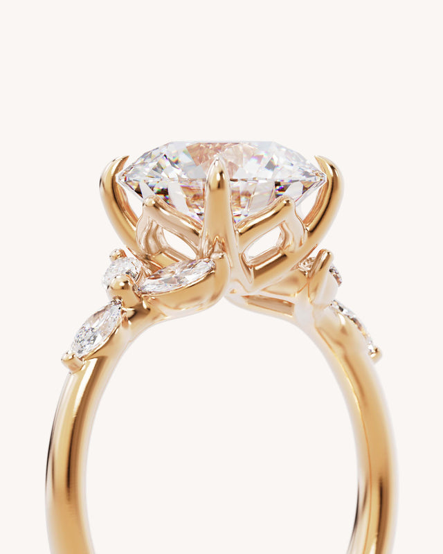 18k Solid Gold Lotus Bloom Engagement Ring - Round 3ct