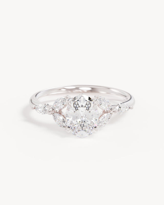 18k Solid White Gold Lotus Bloom Engagement Ring - Oval
