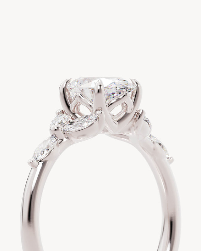 18k Solid White Gold Lotus Bloom Engagement Ring - Oval