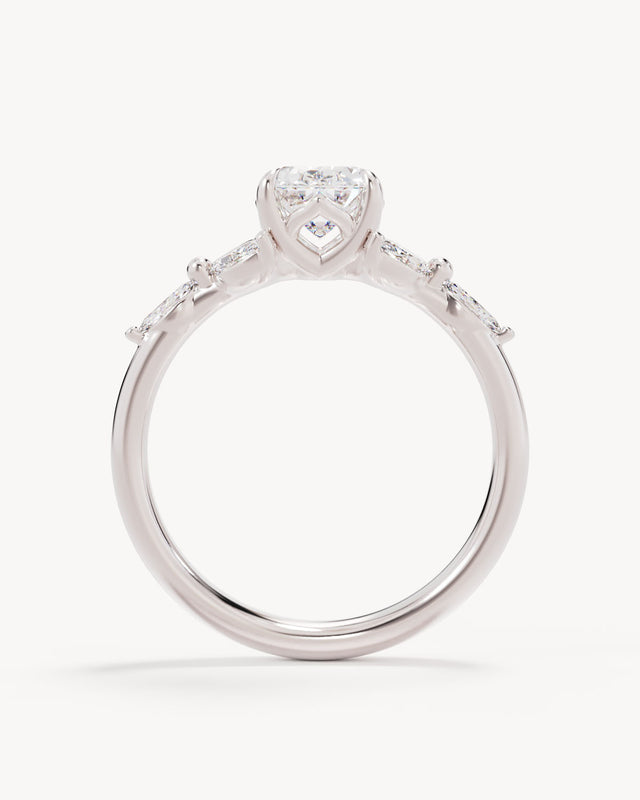 18k Solid White Gold Lotus Bloom Engagement Ring - Oval