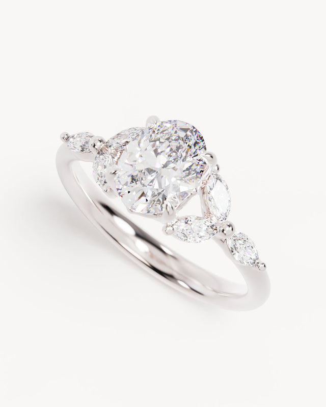 18k Solid White Gold Lotus Bloom Engagement Ring - Oval