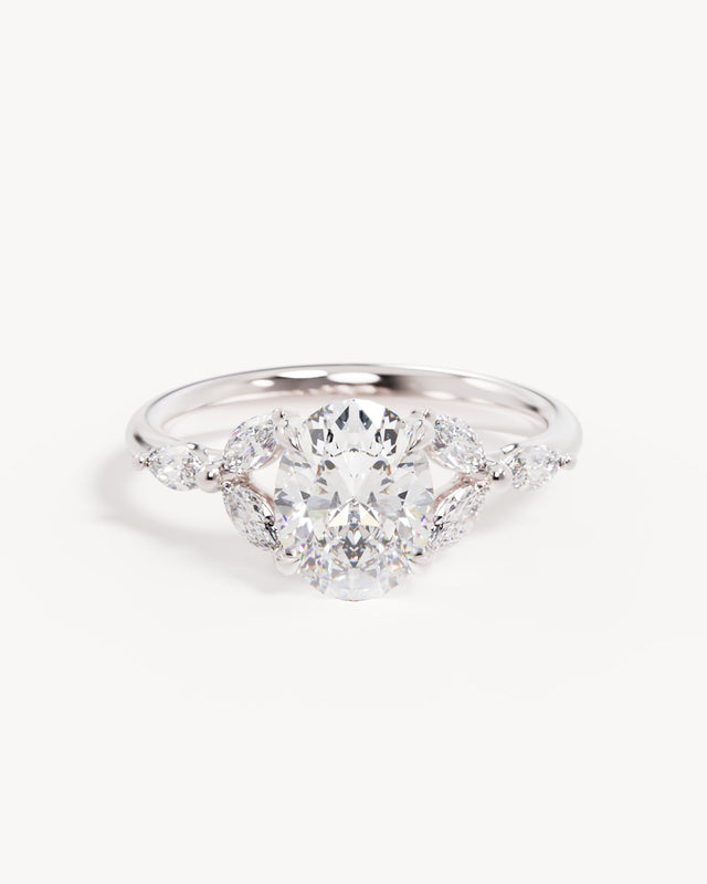 18k Solid White Gold Lotus Bloom Engagement Ring - Oval 1.5ct