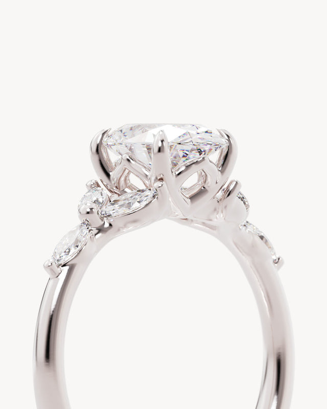 18k Solid White Gold Lotus Bloom Engagement Ring - Oval 1.5ct