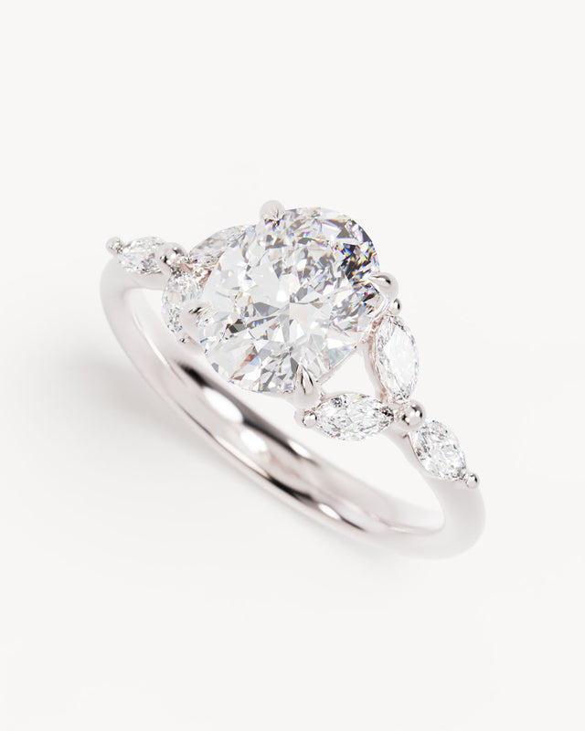 18k Solid White Gold Lotus Bloom Engagement Ring - Oval 1.5ct