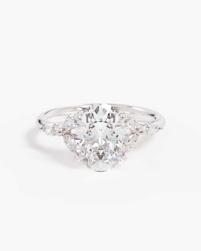 18k Solid White Gold Lotus Bloom Engagement Ring - Oval 2.5ct
