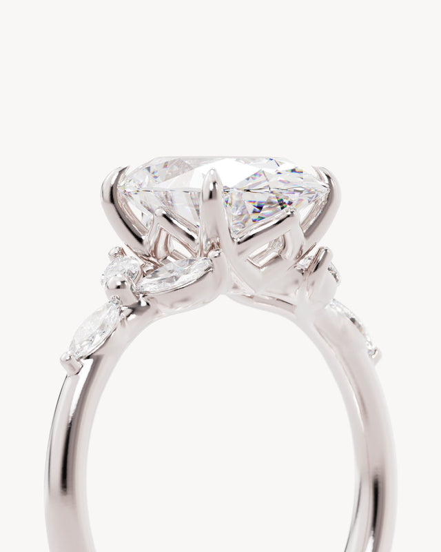 18k Solid White Gold Lotus Bloom Engagement Ring - Oval 3ct
