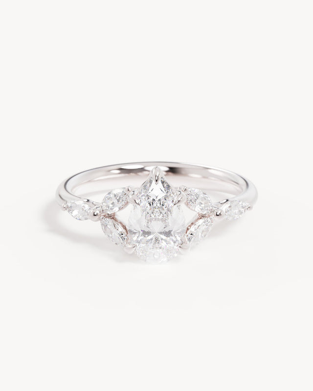 18k Solid White Gold Lotus Bloom Engagement Ring - Pear