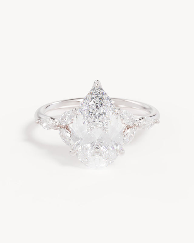 18k Solid White Gold Lotus Bloom Engagement Ring - Pear 3ct