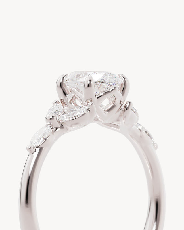 18k Solid White Gold Lotus Bloom Engagement Ring - Pear