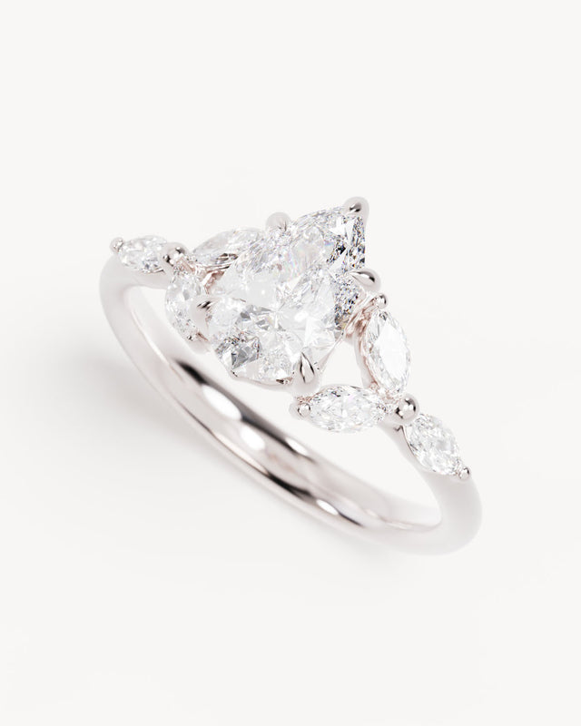 18k Solid White Gold Lotus Bloom Engagement Ring - Pear