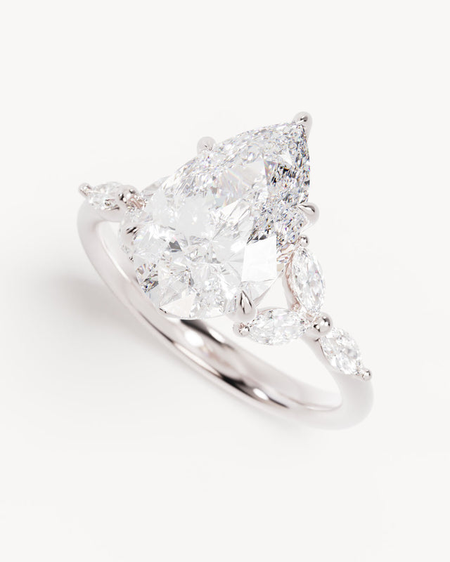 18k Solid White Gold Lotus Bloom Engagement Ring - Pear 3ct