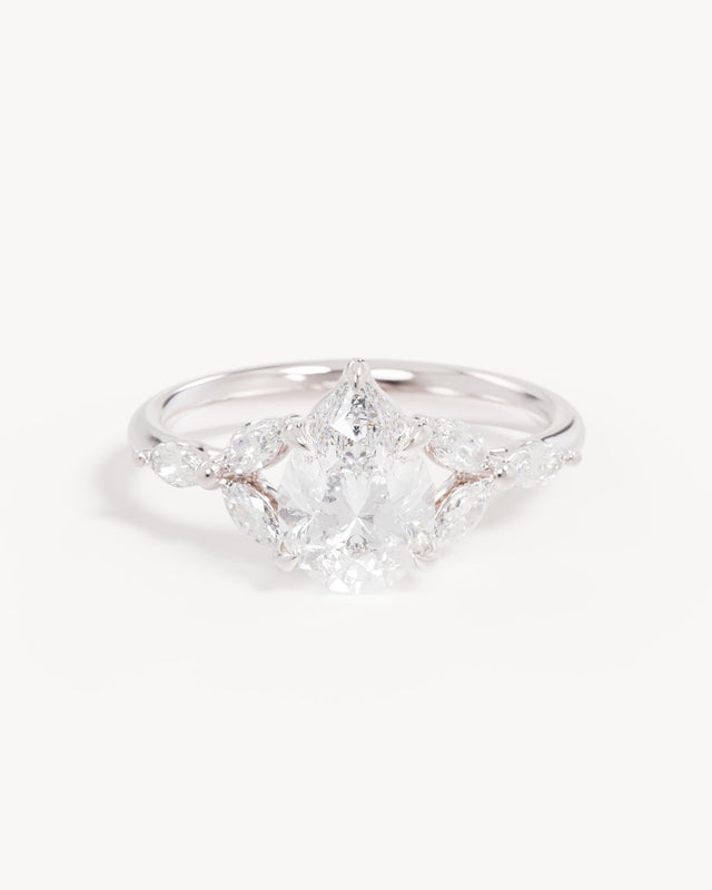 18k Solid White Gold Lotus Bloom Engagement Ring - Pear 1.5ct