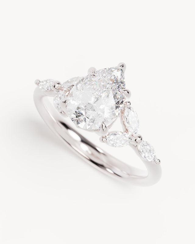 18k Solid White Gold Lotus Bloom Engagement Ring - Pear 1.5ct