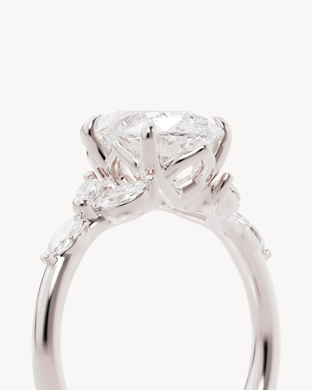 18k Solid White Gold Lotus Bloom Engagement Ring - Pear 2ct