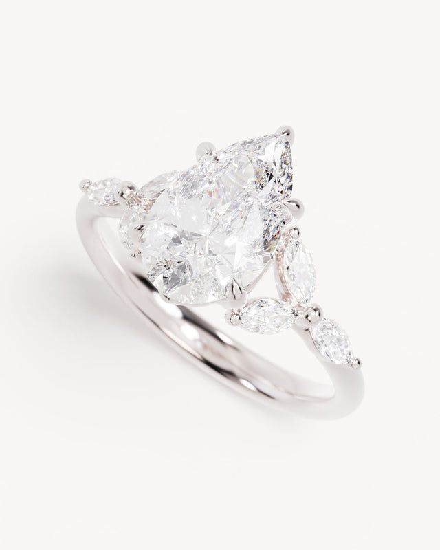 18k Solid White Gold Lotus Bloom Engagement Ring - Pear 2ct